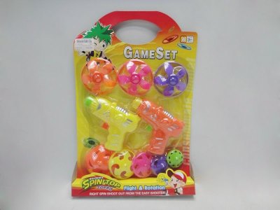 2PCS TOP TOYGUN W/3PCS FLYING DISK & 5PCS TOP  GREEN/ORANGE/YELLOW - HP1033109