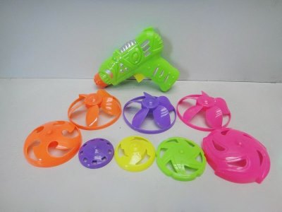 TOP TOYGUN W/3PCS FLYING DISK & 5PCS TOP  GREEN/ORANGE/YELLOW - HP1033121