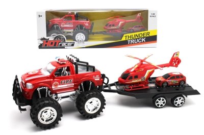 FRICTION TRUCK W/CAR & HELICOPTER RED/GREEN - HP1052638