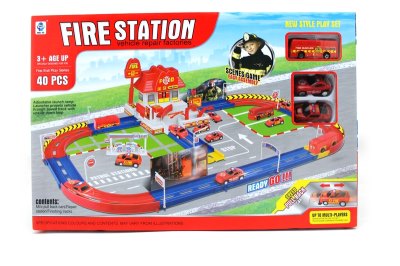 FIREFIGHTING PARKING LOT W/FREE WAY BUS & 2 PULL BACK CAR - HP1055260