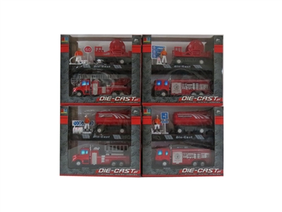 1:60灯光音乐回力合金模型 消防车+路标拖车 4款混 - HP1065373