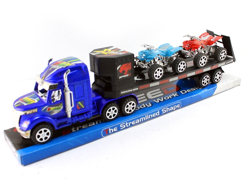 FRICTION CAR W/2 FREE WAY MOTORCYCLE，BLUE/RED/GREY/SILVER - HP1070339