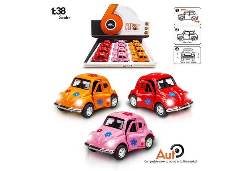 1:38 PULL BACK DIE CAST CAR W/LIGHT & MUSIC RED//PINK/ORANGE 12PCS/DISPLAY BOX - HP1090466