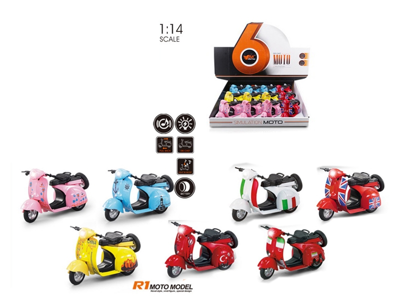 1:14 PULL BACK DIE CAST MOTORCYLE W/LIGHT & MUSIC YELLOW/BLUE/PINK 12PCS/DISPLAY BOX - HP1090470