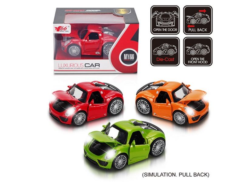 1:32 PULL BACK DIE CAST CAR W/LIGHT & MUSIC RED/GREEN/ORANGE - HP1090489