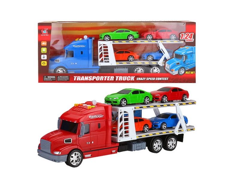 FRICTION TRUCK W/4 FREE WAY CARS & LIGHT & MUSIC RED/BLUE/GREEN，INCLUDED BATTERY - HP1091436