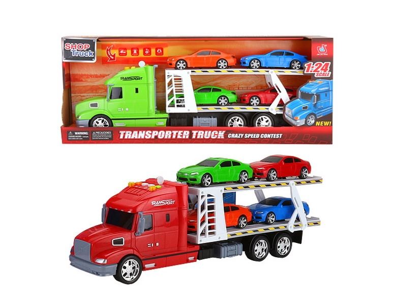 FRICTION TRUCK W/4 FREE WAY CARS & LIGHT & MUSIC RED/BLUE/GREEN，INCLUDED BATTERY - HP1091441