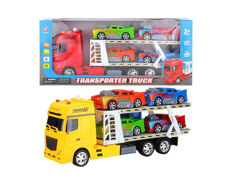 FRICTION TRUCK W/4 FREE WAY CARS & LIGHT & MUSIC RED/BLUE/YELLOW，INCLUDED BATTERY - HP1091447