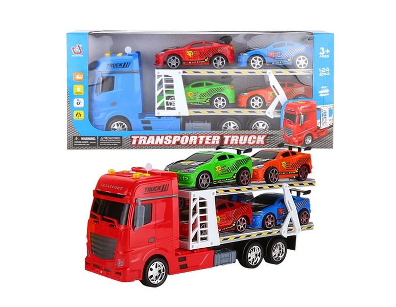 FRICTION TRUCK W/4 FREE WAY CARS & LIGHT & MUSIC RED/BLUE/YELLOW，INCLUDED BATTERY - HP1091448
