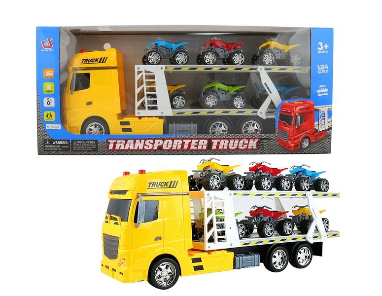 FRICTION TRUCK W/6 FREE WAY MOTO & LIGHT & MUSIC RED/BLUE/YELLOW，INCLUDED BATTERY - HP1091449