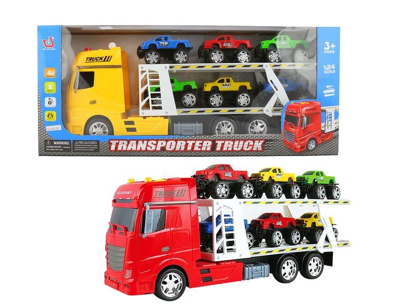 FRICTION TRUCK W/6 FREE WAY CARS & LIGHT & MUSIC RED/BLUE/YELLOW，INCLUDED BATTERY - HP1091450