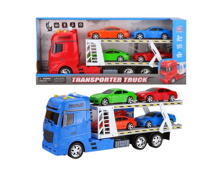 FRICTION TRUCK W/4 FREE WAY CARS & LIGHT & MUSIC RED/BLUE/YELLOW，INCLUDED BATTERY - HP1091451