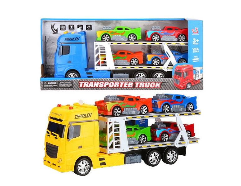 FRICTION TRUCK W/4 FREE WAY CARS & LIGHT & MUSIC RED/BLUE/YELLOW，INCLUDED BATTERY - HP1091452