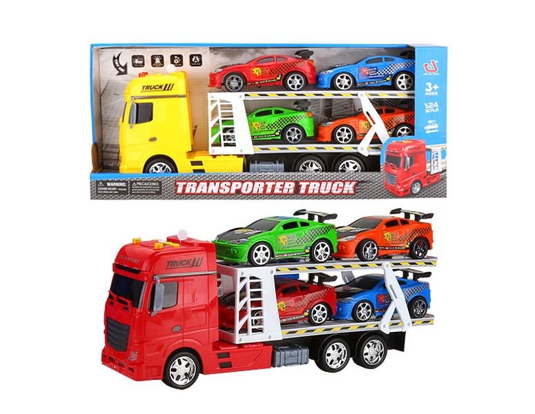 FRICTION TRUCK W/4 FREE WAY CARS & LIGHT & MUSIC RED/BLUE/YELLOW，INCLUDED BATTERY - HP1091453