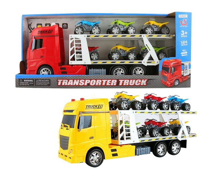 FRICTION TRUCK W/6 FREE WAY MOTO & LIGHT & MUSIC RED/BLUE/YELLOW，INCLUDED BATTERY - HP1091454