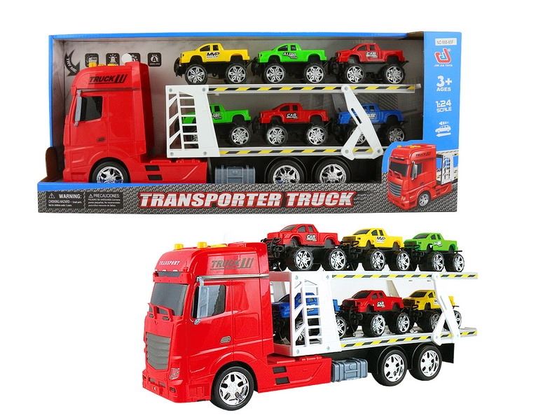 FRICTION TRUCK W/6 FREE WAY CARS & LIGHT & MUSIC RED/BLUE/YELLOW，INCLUDED BATTERY - HP1091455