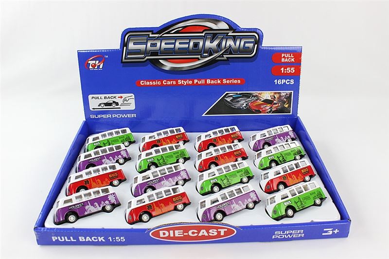1:55 PULL BACK DIE CAST BUS 3 ASST.  16PCS/DISPLAY BOX - HP1096170