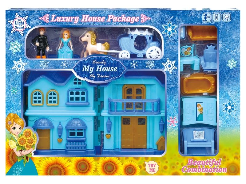 Blue ice-duplex villa carriage lights/music people (with 3 ag13 batteries) - HP1098562