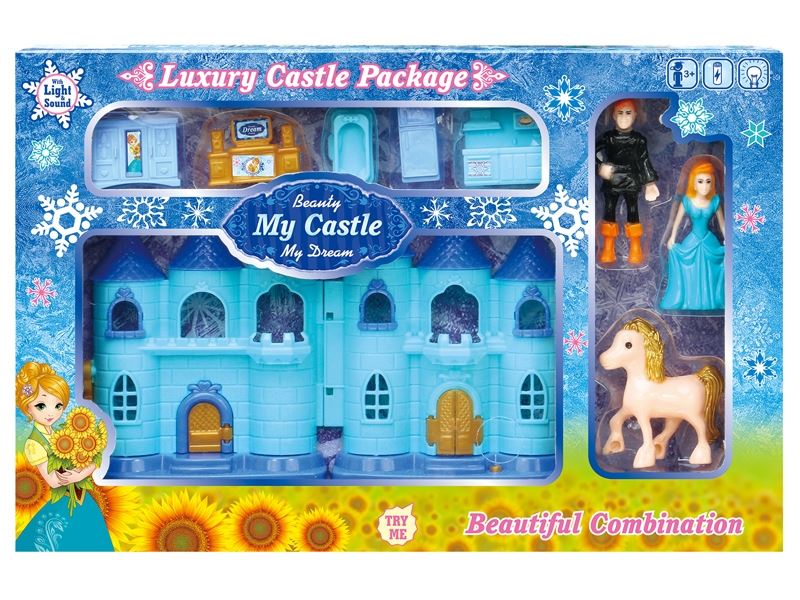 Blue ice mini castle with lights/music furniture horses (with 3 ag13 batteries) - HP1098573