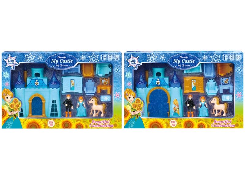 Blue ice single-sided castle with lights/music furniture horses (with 3 ag13 batteries) - HP1098575
