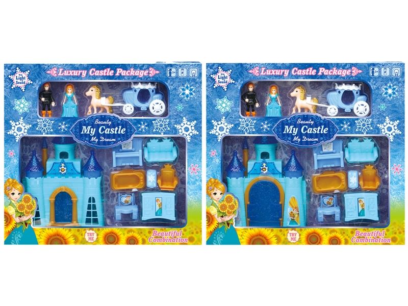 Blue ice single-sided castle with furniture/lighting/music/carriage (with 3 ag13 batteries) - HP1098579