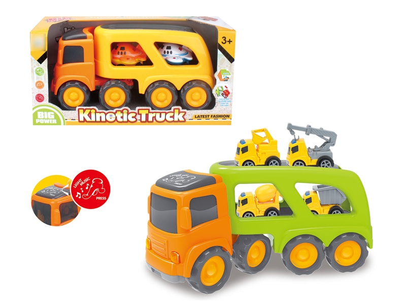 FRCITION CARTOON TRUCK W/LIGHT & MUSIC & INCLUDED BATTERY YELLOW & GREEN & 4 CAR - HP1120146