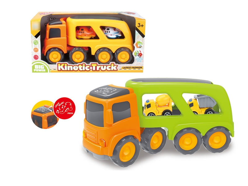 FRCITION CARTOON TRUCK  W/LIGHT & MUSIC & INCLUDED BATTERY YELLOW & GREEN & 2 CAR - HP1120148