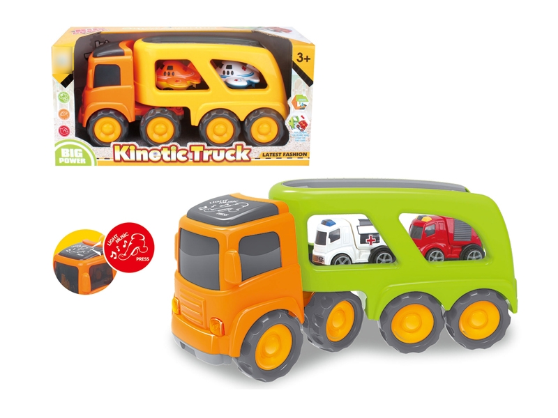 FRCITION CARTOON TRUCK W/LIGHT & MUSIC & INCLUDED BATTERY YELLOW & GREEN W/2 CAR - HP1120152