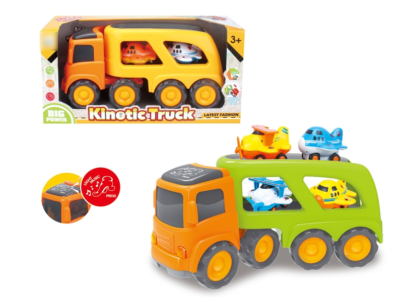 FRCITION CARTOON TRUCK W/LIGHT & MUSIC & INCLUDED BATTERY YELLOW & GREEN & 4 AIRPLANE - HP1120154