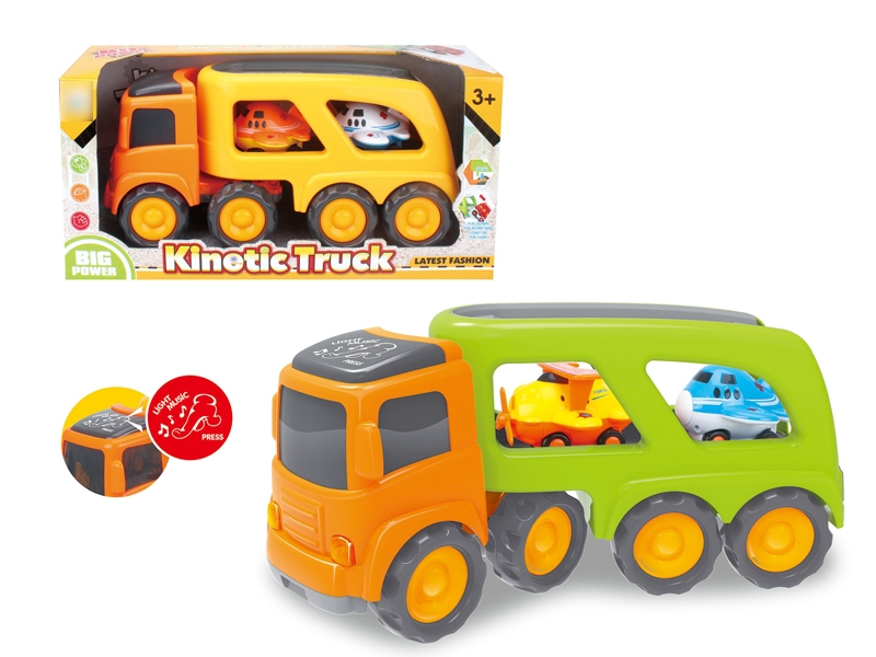FRCITION CARTOON TRUCK  W/LIGHT & MUSIC & INCLUDED BATTERY YELLOW & GREEN & 2 AIRPLANE - HP1120156
