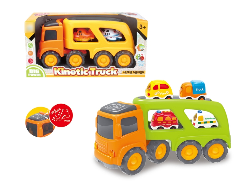 FRCITION CARTOON TRUCK W/LIGHT & MUSIC & INCLUDED BATTERY YELLOW & GREEN & 4 CAR - HP1120158