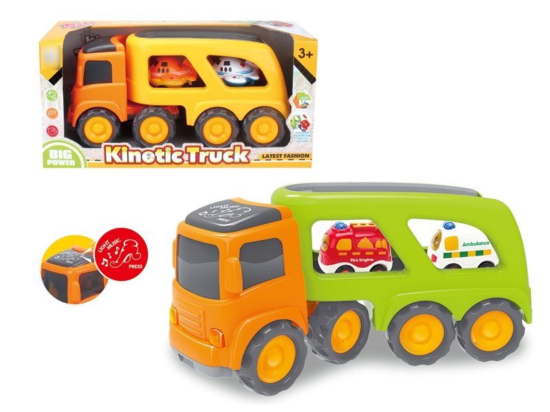 FRCITION CARTOON TRUCK W/LIGHT & MUSIC & INCLUDED BATTERY YELLOW & GREEN & 2 CAR - HP1120160