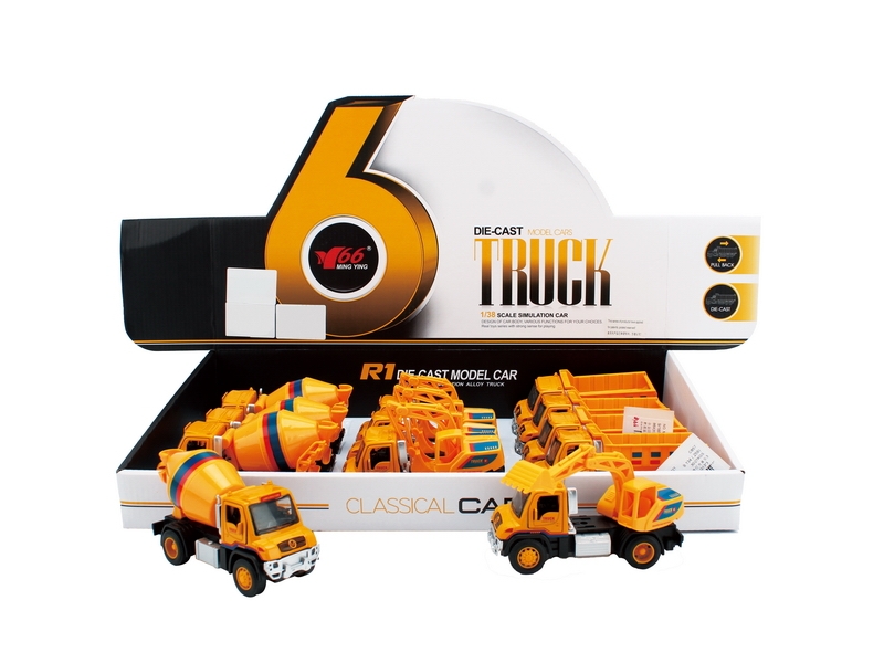 PULL BACK DIE CAST CONSTRUCTION CAR W/LIGHT & MUSIC 3ASST,12PCS/DISPLAY BOX,INCLUDED BATTERY - HP1121334