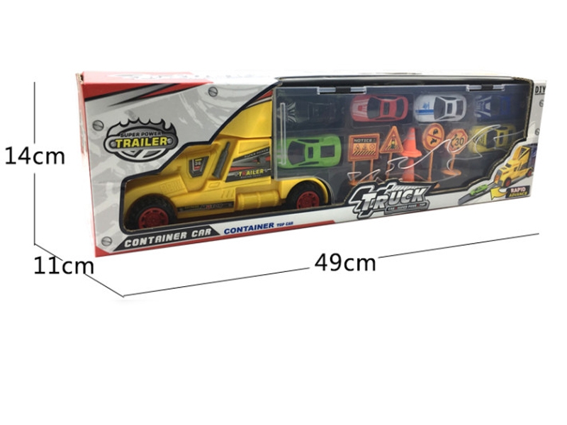 FREE WAY CONTAINER TRUCK RED & BIU & YELLOW W/6 CAR & 6 ROADBLOCK - HP1124541