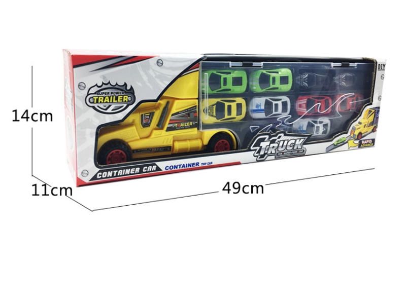 FREE WAY CONTAINER TRUCK RED & BIU & YELLOW W/10 CAR - HP1124543