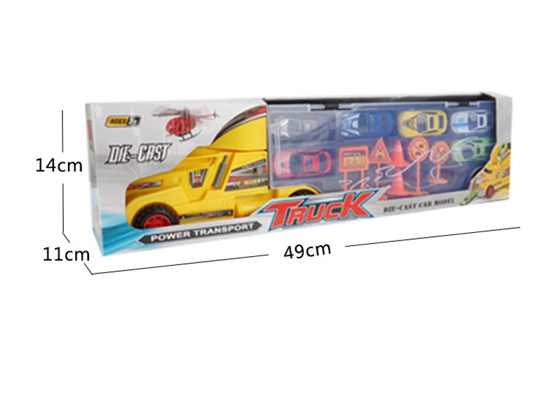 FREE WAY CONTAINER TRUCK RED & BIU & YELLOW W/6 CAR & 6 ROADBLOCK - HP1124544