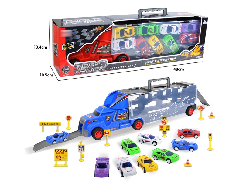 FREE WAY TRUCK W/9PCS PULL BACK CAR & ACCESSORIES,RED/YELLOW/BLUE - HP1145678