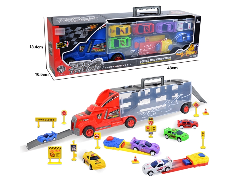 FREE WAY TRUCK W/6PCS PULL BACK CAR & ACCESSORIES,RED/YELLOW/BLUE - HP1145679