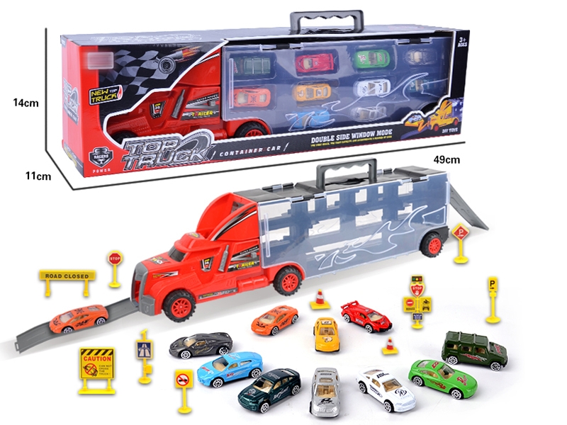 FREE WAY TRUCK W/10PCS FREE WAY DIE CAST CAR & ACCESSORIES,RED/YELLOW/BLUE - HP1145683