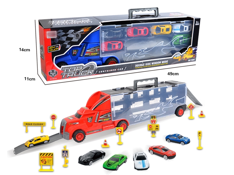 FREE WAY TRUCK W/6PCS FREE WAY DIE CAST CAR & ACCESSORIES,RED/YELLOW/BLUE - HP1145685