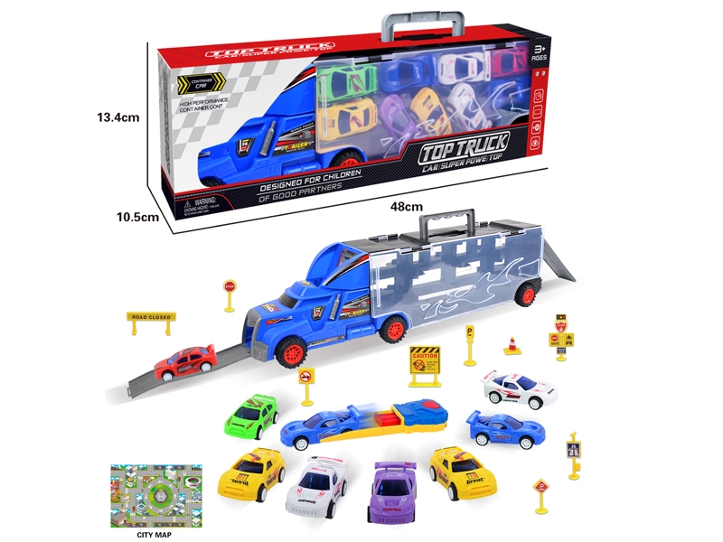 FREE WAY TRUCK W/9PCS PULL BACK CAR & ACCESSORIES,RED/YELLOW/BLUE - HP1145688