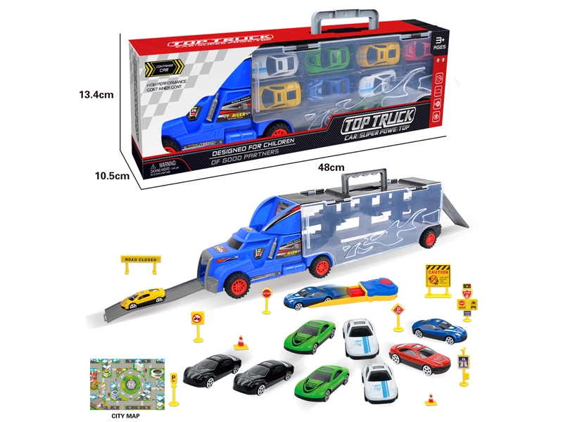 FREE WAY TRUCK W/10PCS FREE WAY DIE CAST CAR & ACCESSORIES,RED/YELLOW/BLUE - HP1145690
