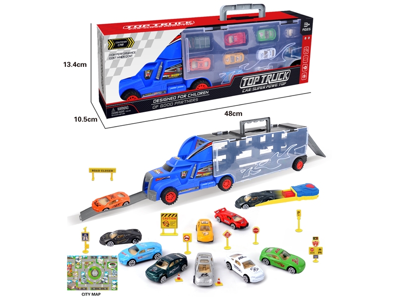 FREE WAY TRUCK W/10PCS FREE WAY DIE CAST CAR & ACCESSORIES,RED/YELLOW/BLUE - HP1145692
