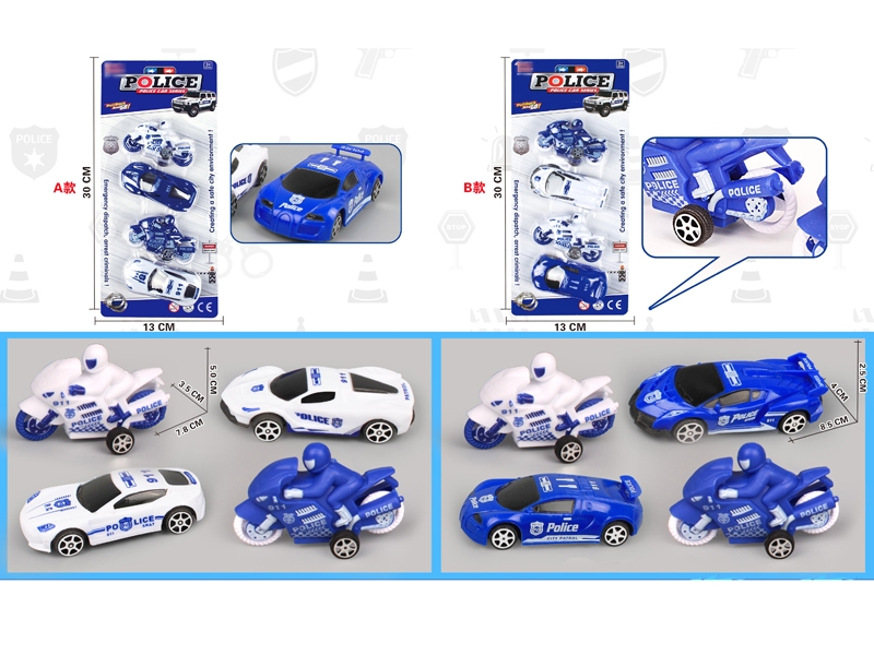 PULL BACK POLICE CAR & POLICE MOTORCYCLE，4PCS,2ASST - HP1151184
