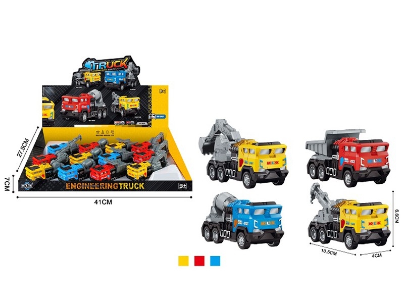 PULL BACK DIE CAST CONSTRUCTION CAR，4ASST,12PCS/DISPLAY BOX,RED/BLUE/YELLOW - HP1157614