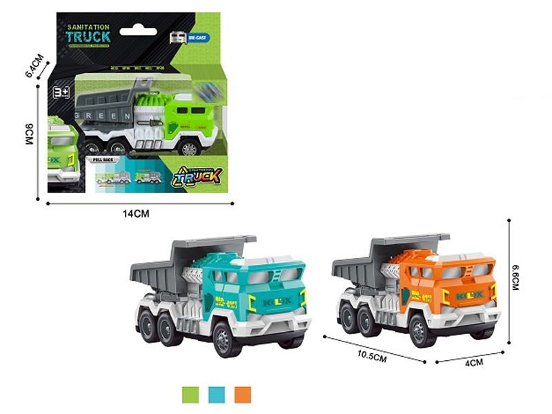 PULL BACK DIE CAST SANITATION TRUCK，ORANGE/BLUE/GREEN - HP1157627