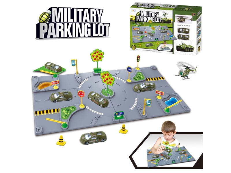 SIMULATION PARKING LOT WITH 1 PLASTIC AIRCRAFT AND 2 CARS - HP1159131