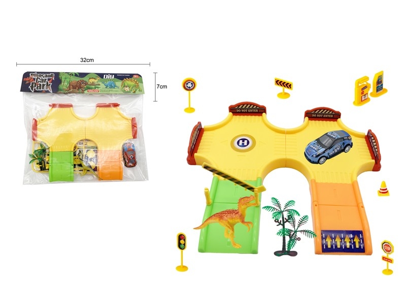 PARKING LOT SET W/1PCS DIE CAST PULL BACK CAR & 1PCS DINOSAUR & 1PCS TREE - HP1159964
