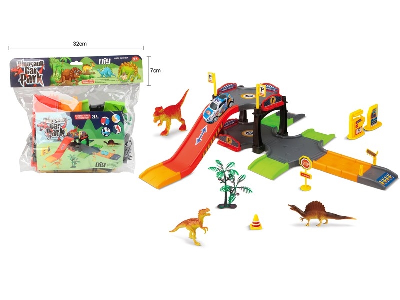 PARKING LOT SET W/1PCS DIE CAST PULL BACK CAR & 3PCS DINOSAUR & 1PCS TREE - HP1159968