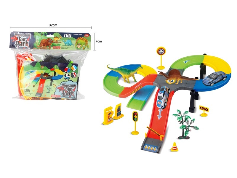 PARKING LOT SET W/2PCS DIE CAST PULL BACK CAR & 2PCS DINOSAUR & 1PCS TREE - HP1159970